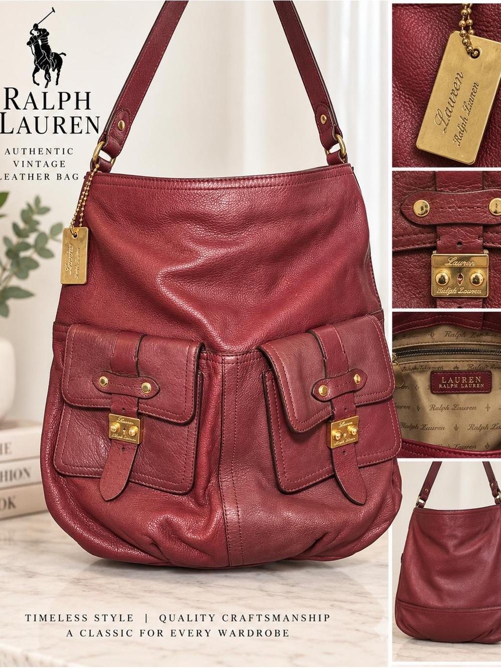 Lauren Ralph Lauren Vintage Burgundy Leather Hobo Shoulder Bag Depth 15"